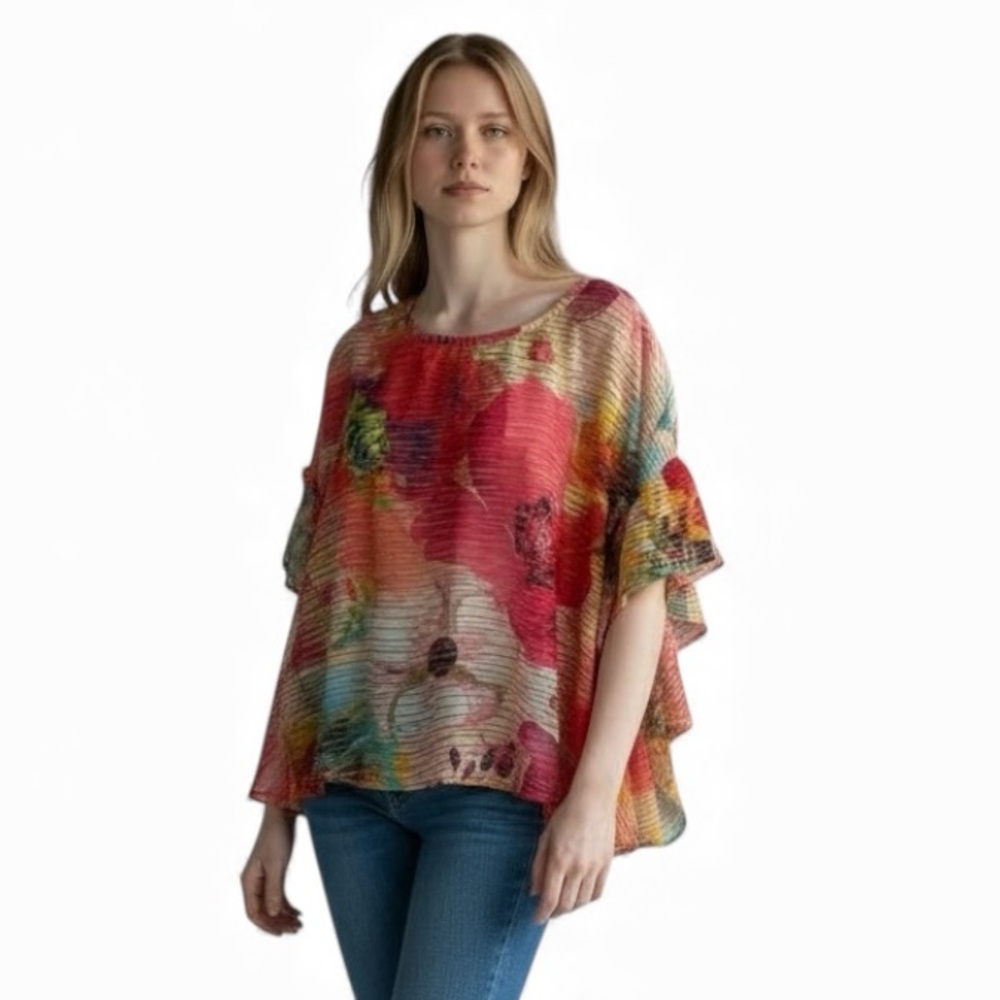 Ashley Stewart Vibrant Floral Ruffled Sheer Blouse Plus Size 14/16 NWT
